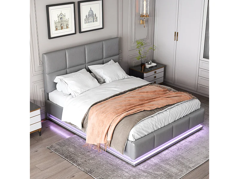 140x200 cm opbergbed - Hydraulisch opklapbaar gecapitonneerd LED tweepersoonsbed met lattenbodem - Grijs