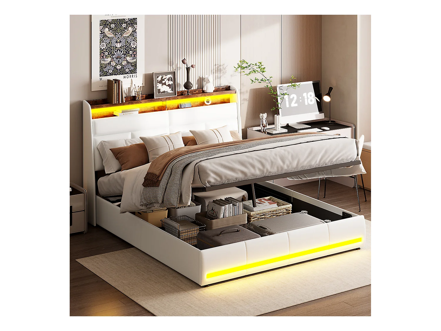 Bed 140x200 cm, Gestoffeerd bed met LED-verlichting, Gestoffeerd bed met lattenbodem en bedstee, Hydraulische functie logeerbed, voor volwassenen, PU, ​​​​Wit