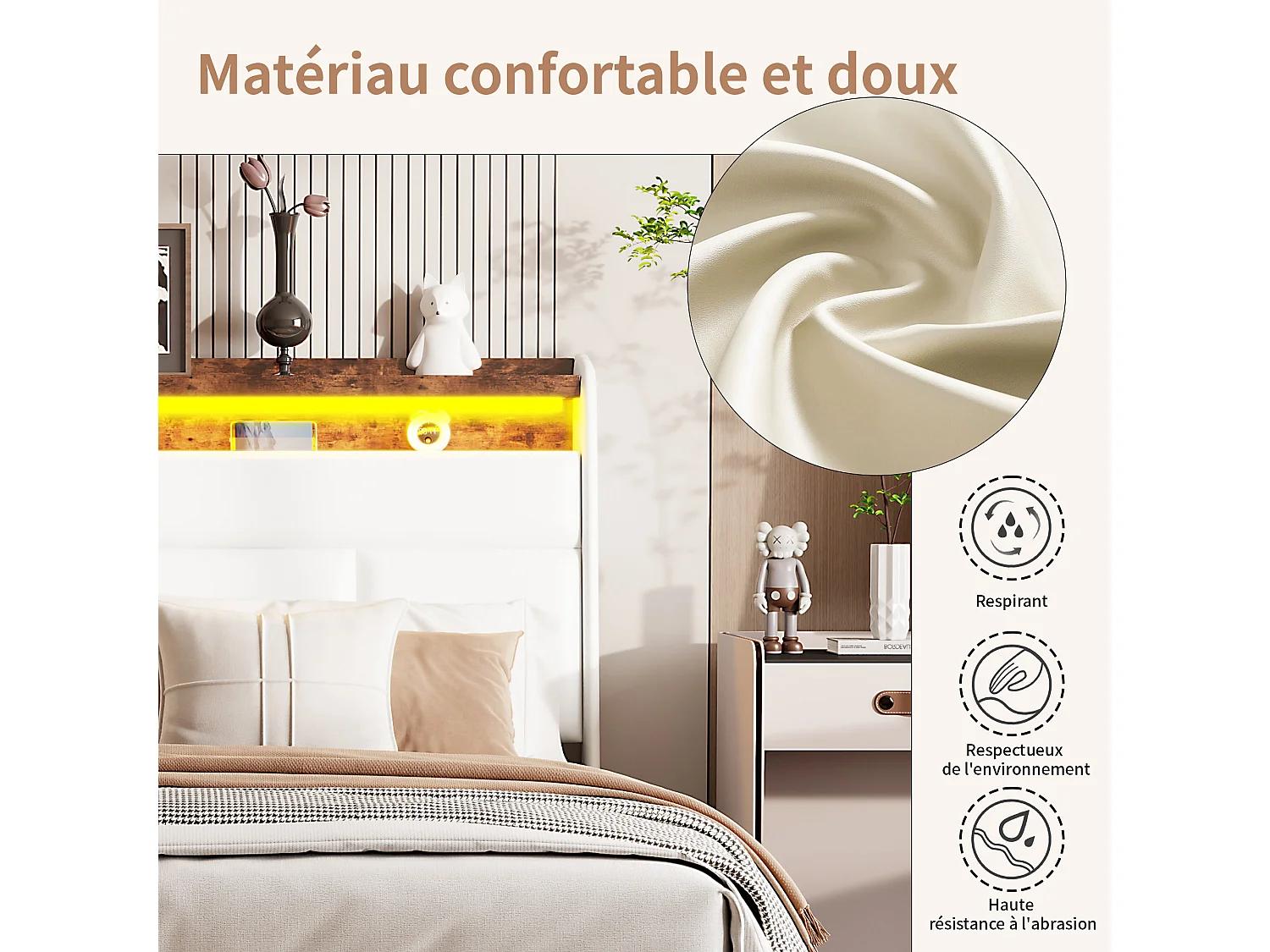 Bed 140x200 cm, Gestoffeerd bed met LED-verlichting, Gestoffeerd bed met lattenbodem en bedstee, Hydraulische functie logeerbed, voor volwassenen, PU, ​​​​Wit