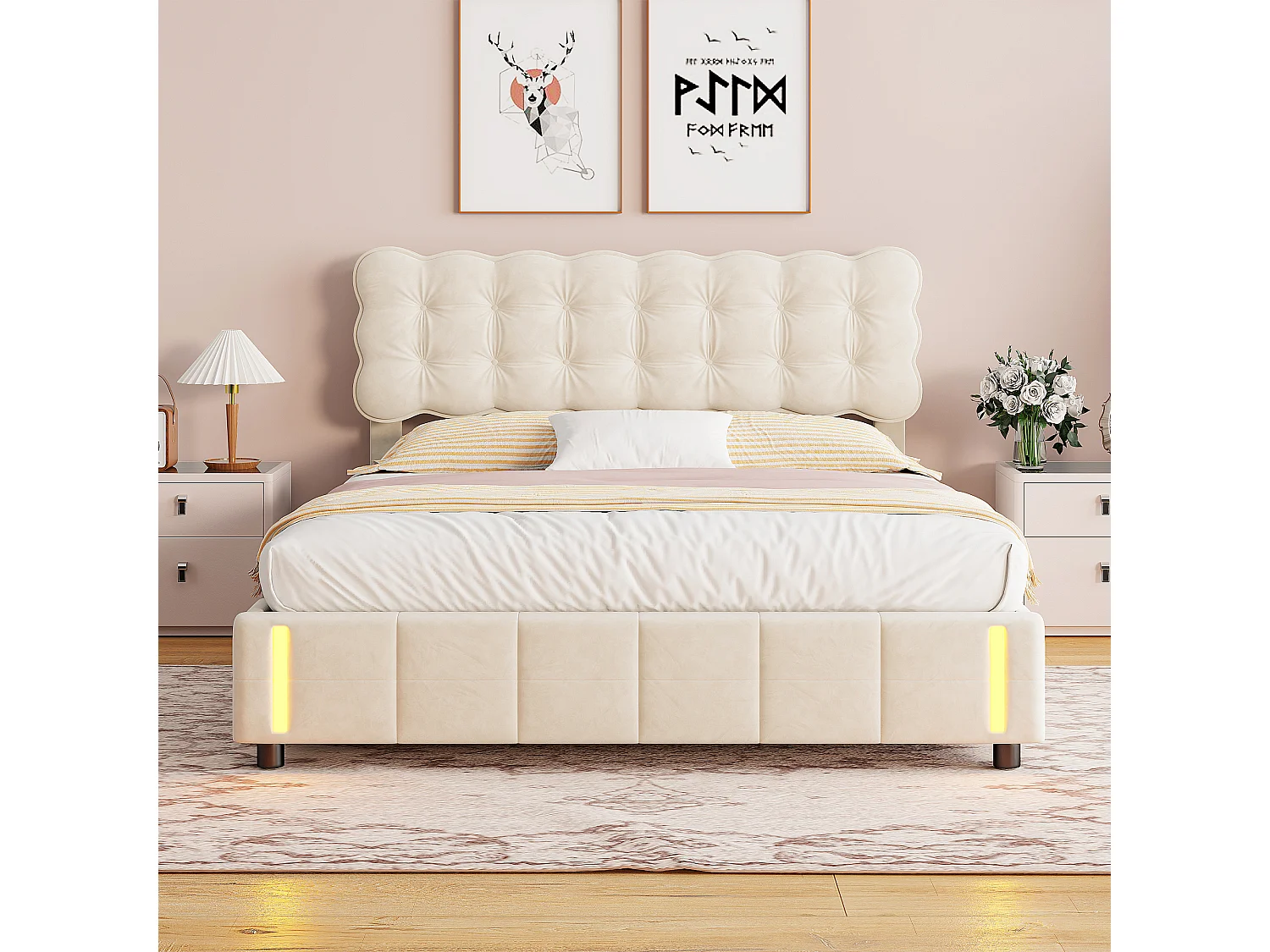 Cama de 140x200 con somier, cama de matrimonio tapizada con palanca hidráulica, luces led al final de la cama, terciopelo, Beige