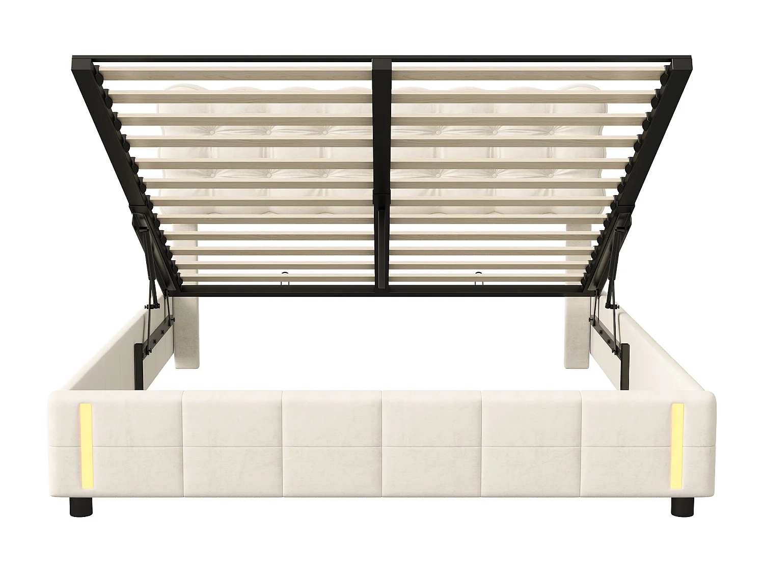 Cama de 140x200 con somier, cama de matrimonio tapizada con palanca hidráulica, luces led al final de la cama, terciopelo, Beige