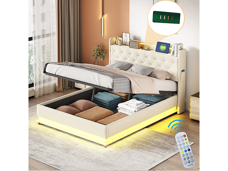 Letto contenitore imbottito a LED, con rete a doghe e testiera con funzione di ricarica USB, tessuto in lino, beige 140x200 cm