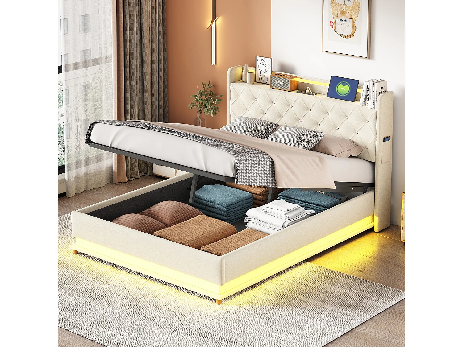 Cama estofada LED com arrumação, com base de ripas e cabeceira com função de carregamento USB, tecido de linho, bege 140x200cm