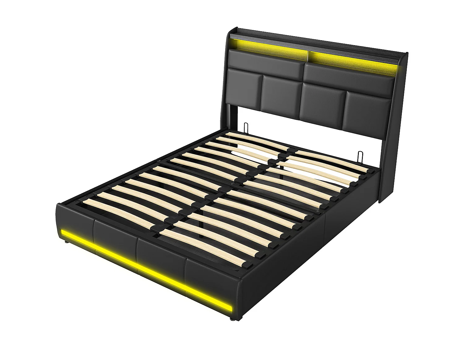 Bed 160x200 cm, Gestoffeerd bed met LED-verlichting, Gestoffeerd bed met lattenbodem en bedstee, Hydraulische functie logeerbed, voor volwassenen, PU, ​​​​Zwart