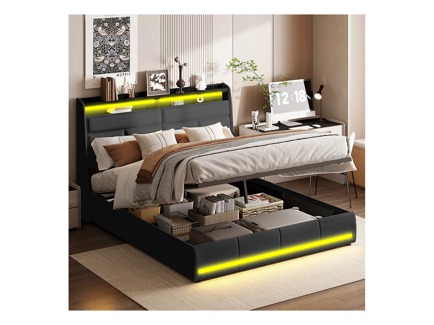Bed 160x200 cm, Gestoffeerd bed met LED-verlichting, Gestoffeerd bed met lattenbodem en bedstee, Hydraulische functie logeerbed, voor volwassenen, PU, ​​​​Zwart