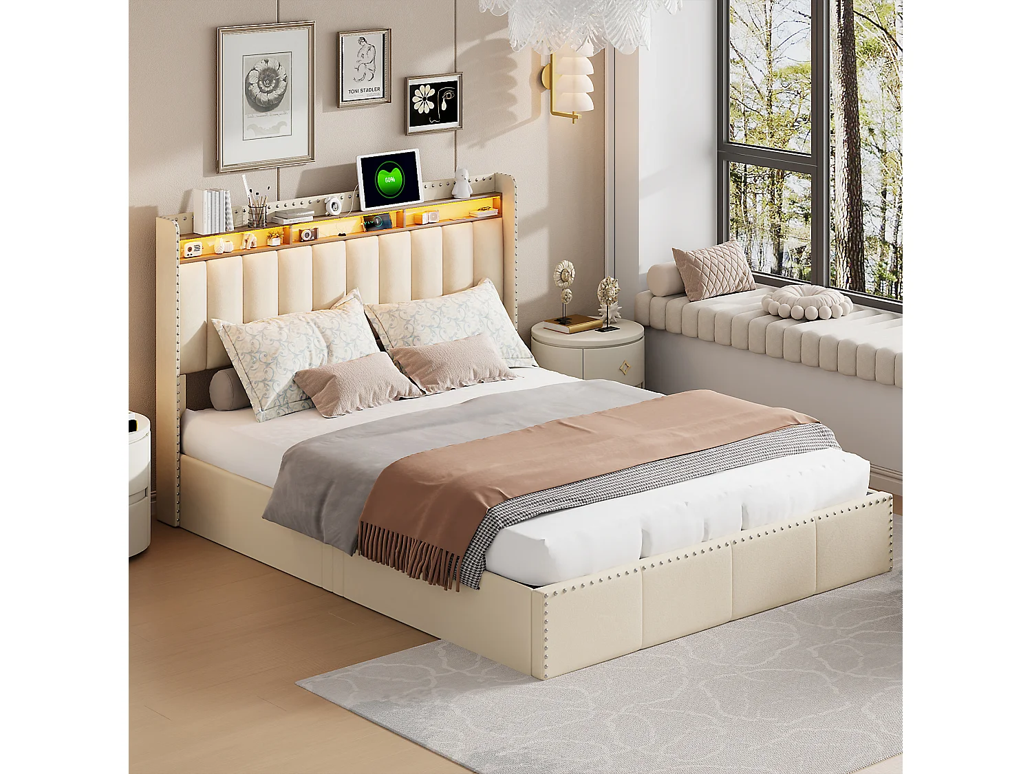 Lit Coffre 160×200cm, Lit Rembourré en Velours Beige, , Coffre de Lit Rangement, Sommier