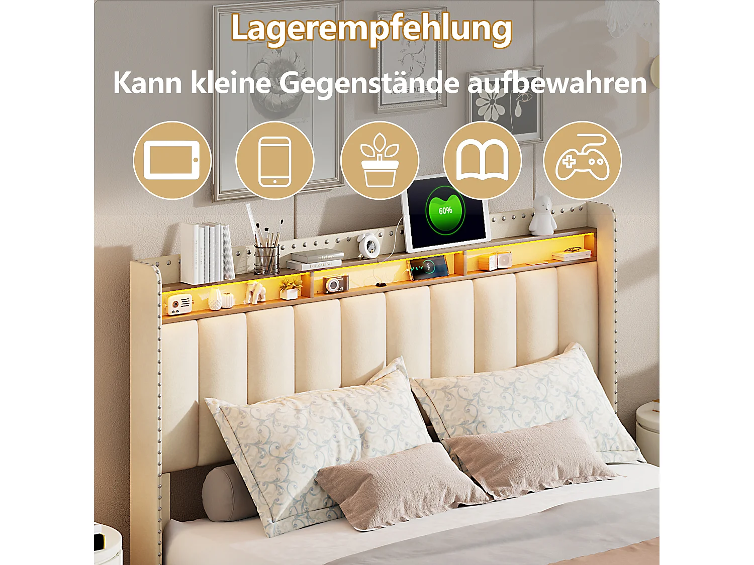 Lit Coffre 160×200cm, Lit Rembourré en Velours Beige, , Coffre de Lit Rangement, Sommier