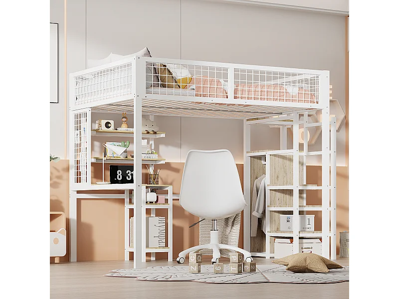 Cama alta 140x200cm, cama de ferro para criança, com escada de segurança, mesa de computador, prateleira de arrumação, malha metálica, branco