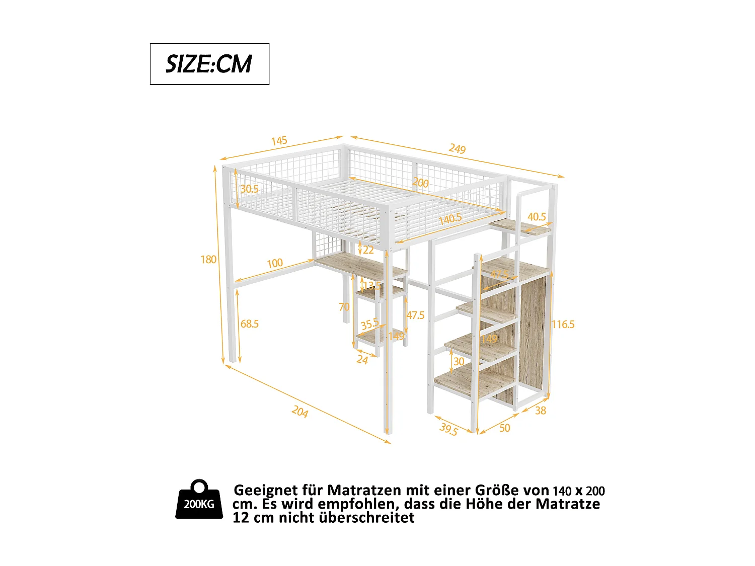Hoogslaper 140x200cm, kinderbed van ijzer, met veiligheidsladder, computertafel, opbergplank, metalen gaas, wit