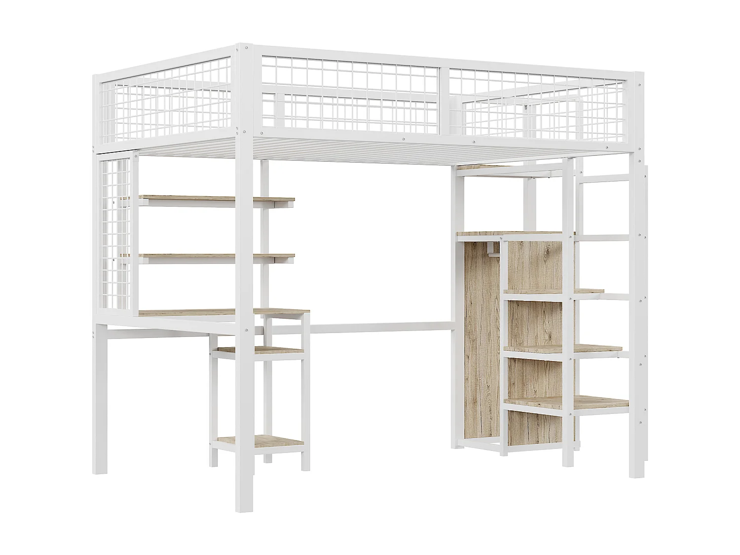 Hoogslaper 140x200cm, kinderbed van ijzer, met veiligheidsladder, computertafel, opbergplank, metalen gaas, wit