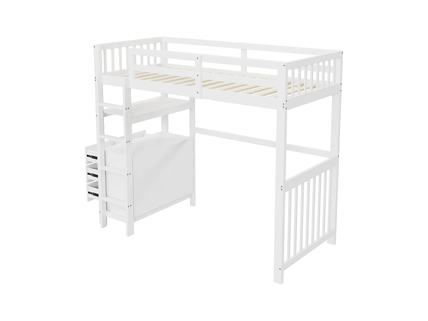 Lit mezzanine 90x200cm - lit enfant avec échelle, tiroirs et étagères, sommier à lattes, clôture haute - en bois de pin - Blanc