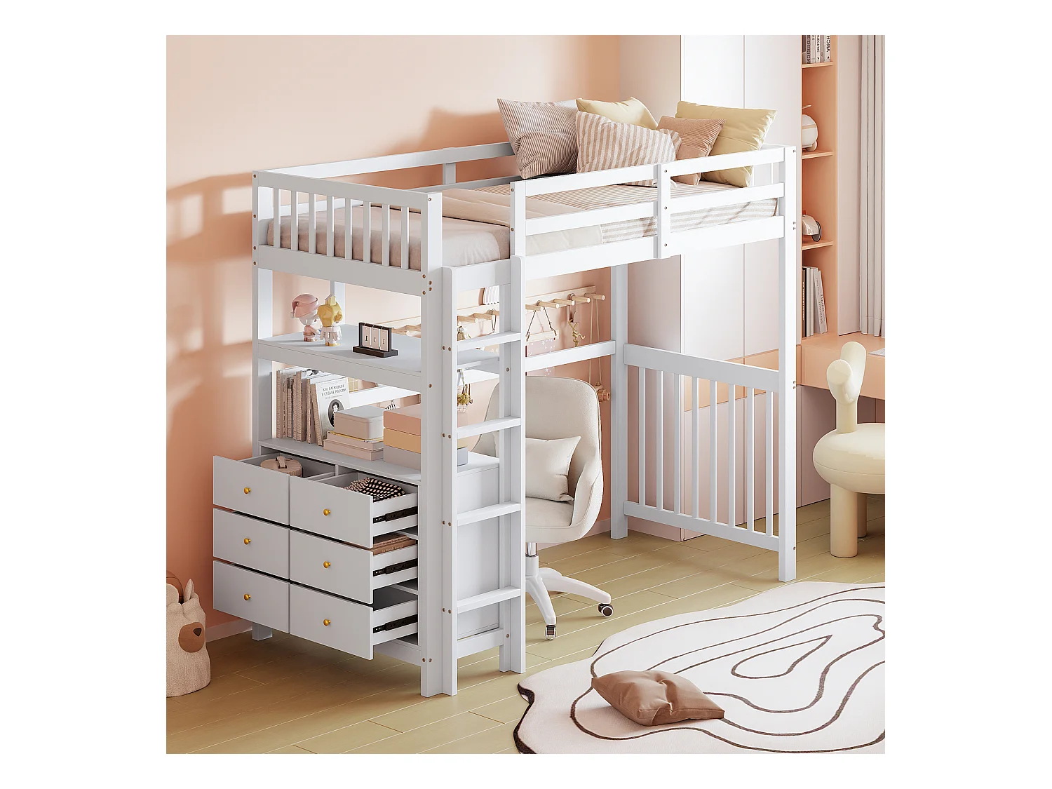 Lit mezzanine 90x200cm - lit enfant avec échelle, tiroirs et étagères, sommier à lattes, clôture haute - en bois de pin - Blanc