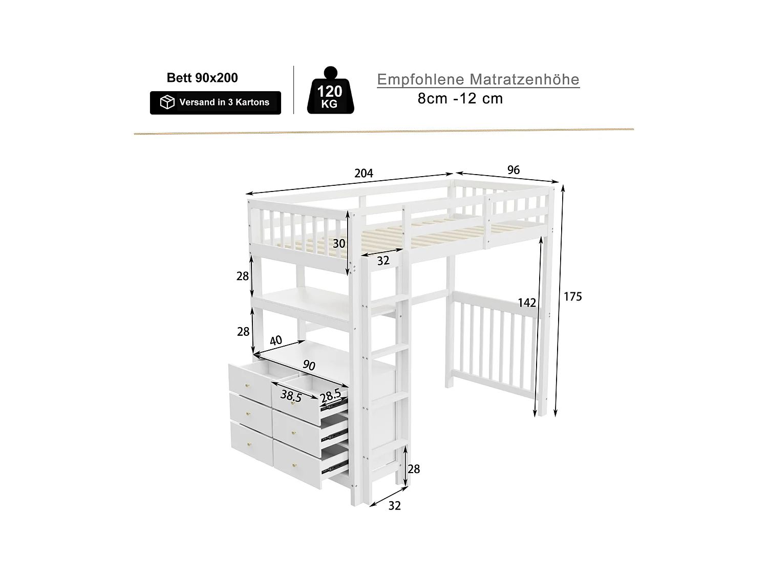 Lit mezzanine 90x200cm - lit enfant avec échelle, tiroirs et étagères, sommier à lattes, clôture haute - en bois de pin - Blanc
