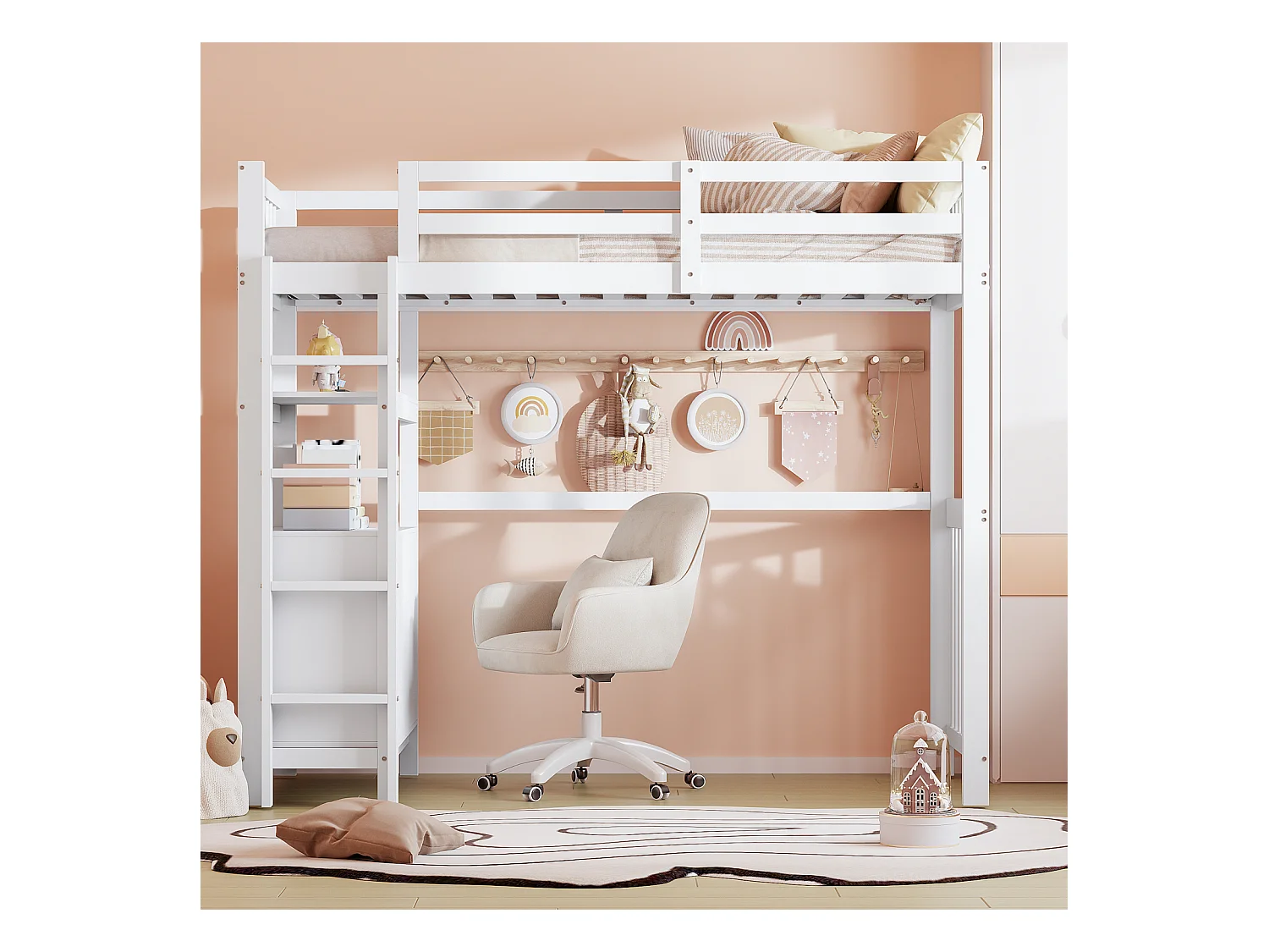 Lit mezzanine 90x200cm - lit enfant avec échelle, tiroirs et étagères, sommier à lattes, clôture haute - en bois de pin - Blanc