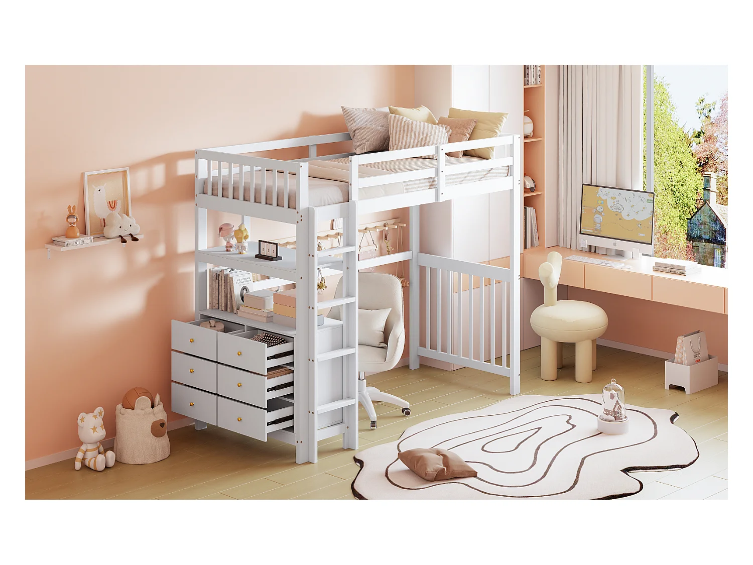 Lit mezzanine 90x200cm - lit enfant avec échelle, tiroirs et étagères, sommier à lattes, clôture haute - en bois de pin - Blanc