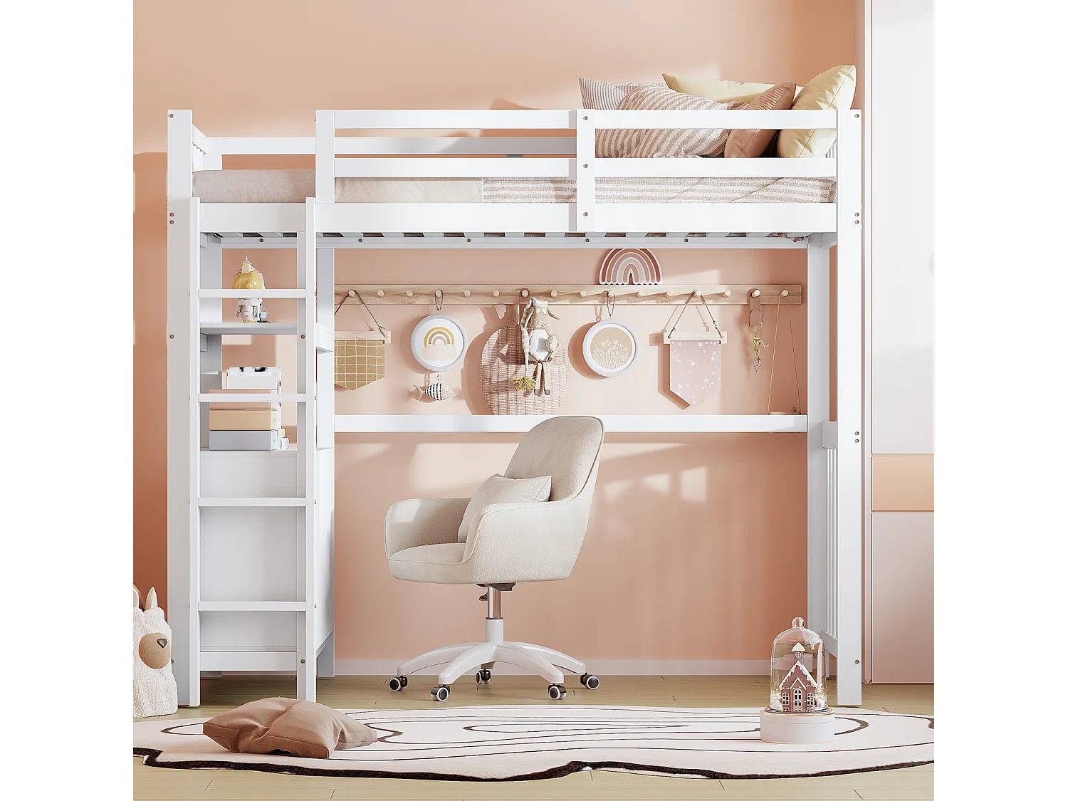 Lit mezzanine 90x200cm - lit enfant avec échelle, tiroirs et étagères, sommier à lattes, clôture haute - en bois de pin - Blanc