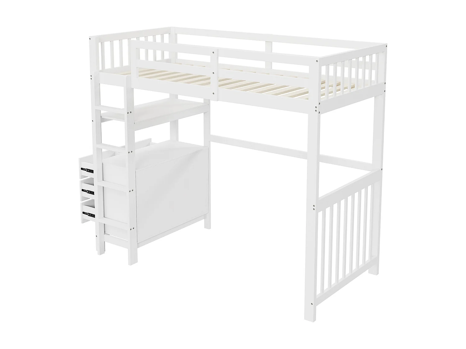 Lit mezzanine 90x200cm - lit enfant avec échelle, tiroirs et étagères, sommier à lattes, clôture haute - en bois de pin - Blanc