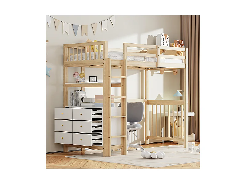 Hochbett 90x200cm – Kinderbett mit Leiter, Schubladen und Regalen, Lattenrost, hoher Zaun – aus Kiefernholz – naturbelassen