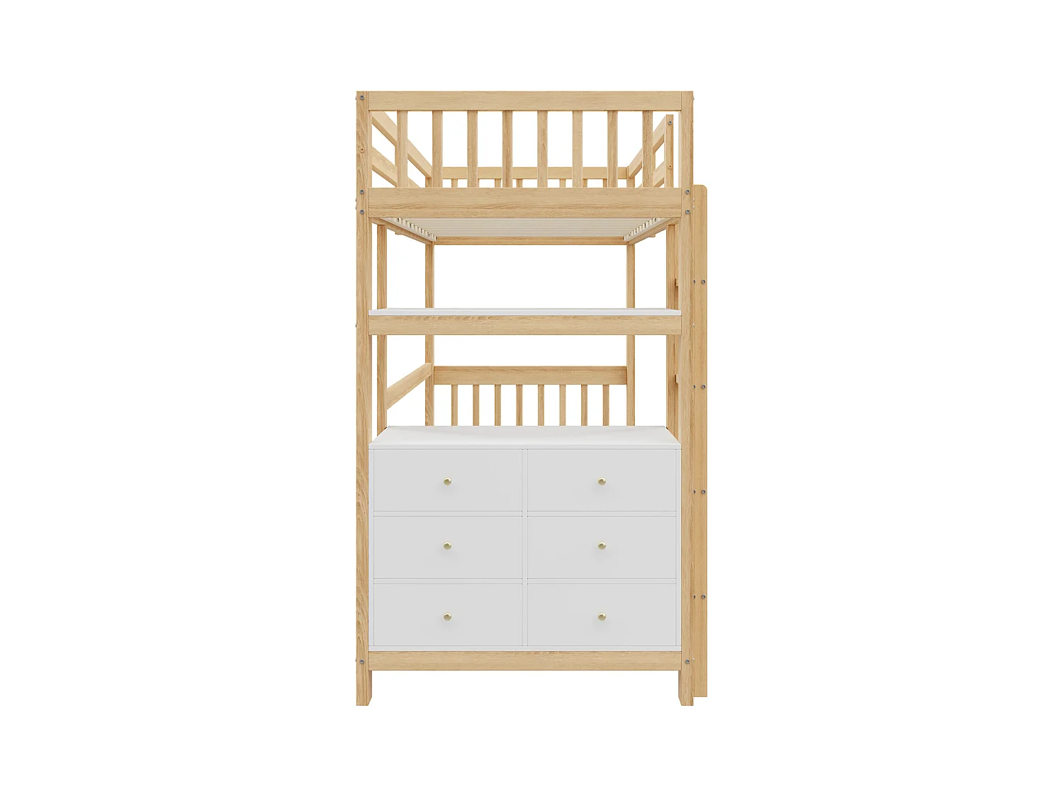 Lit mezzanine 90x200cm - lit enfant avec échelle, tiroirs et étagères, sommier à lattes, clôture haute - en bois de pin - naturel