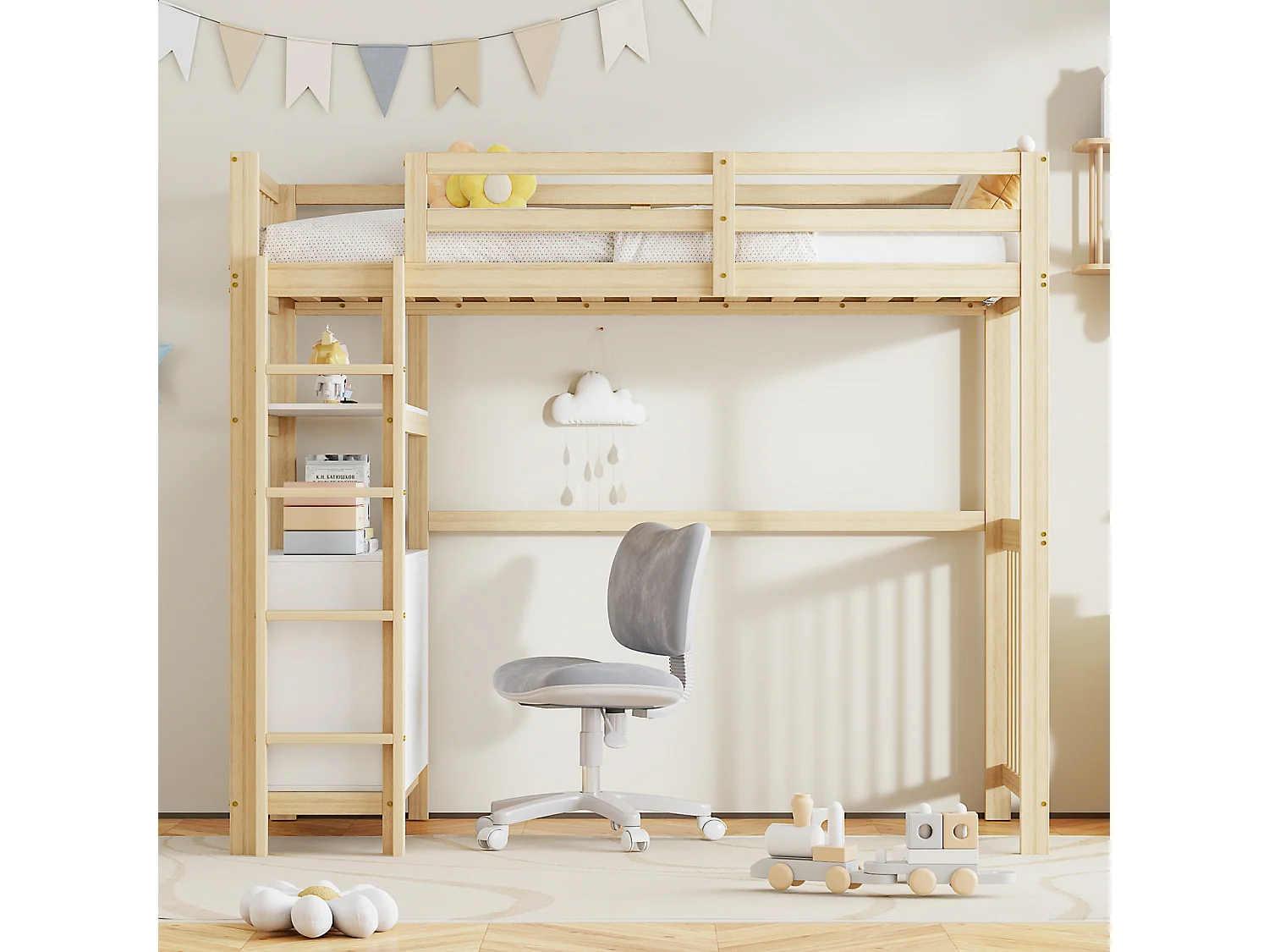 Lit mezzanine 90x200cm - lit enfant avec échelle, tiroirs et étagères, sommier à lattes, clôture haute - en bois de pin - naturel