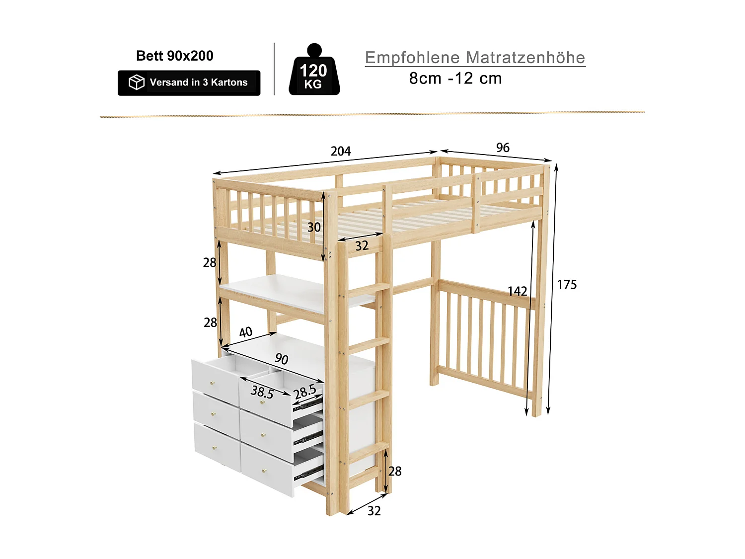 Lit mezzanine 90x200cm - lit enfant avec échelle, tiroirs et étagères, sommier à lattes, clôture haute - en bois de pin - naturel
