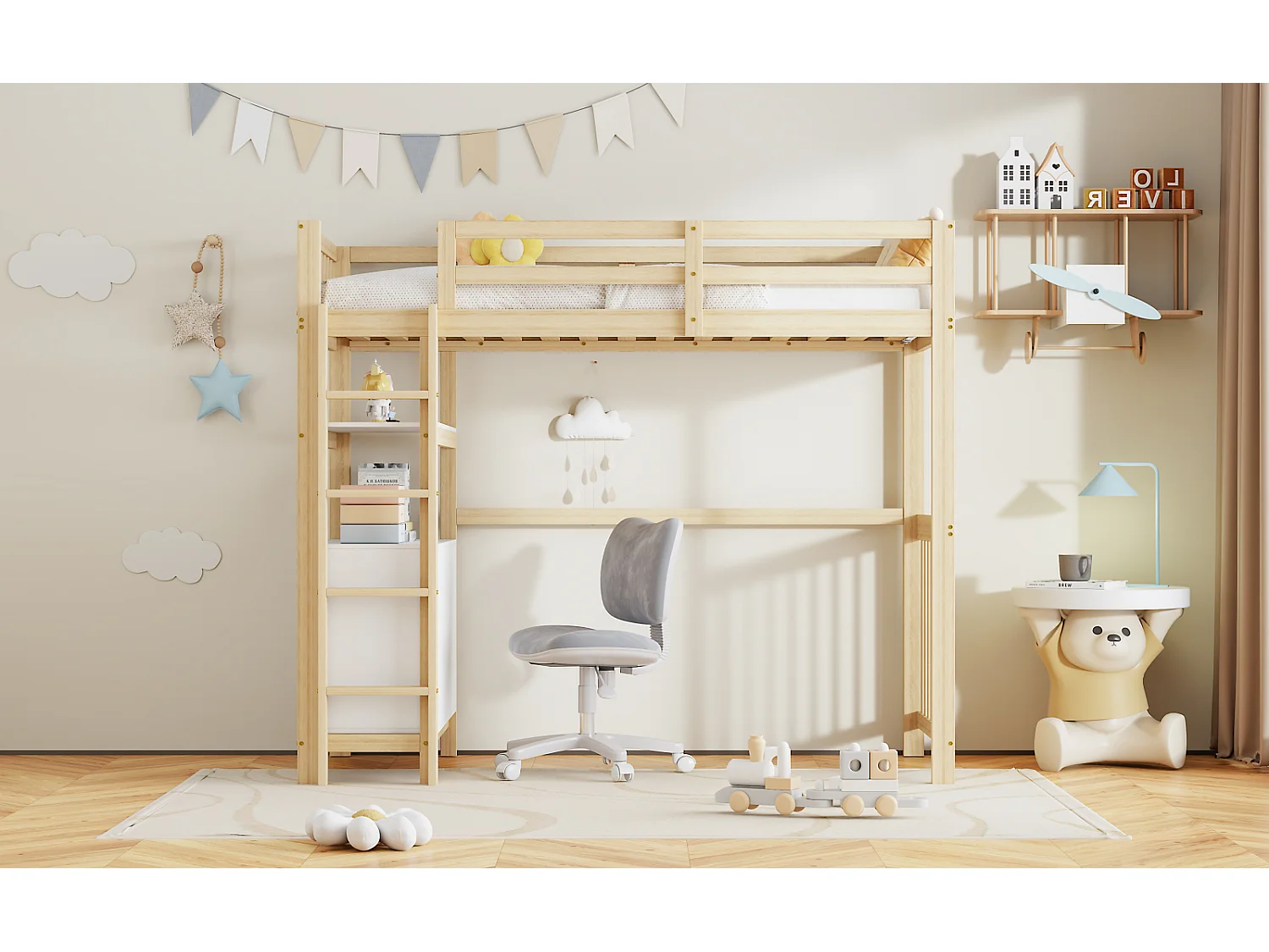 Lit mezzanine 90x200cm - lit enfant avec échelle, tiroirs et étagères, sommier à lattes, clôture haute - en bois de pin - naturel