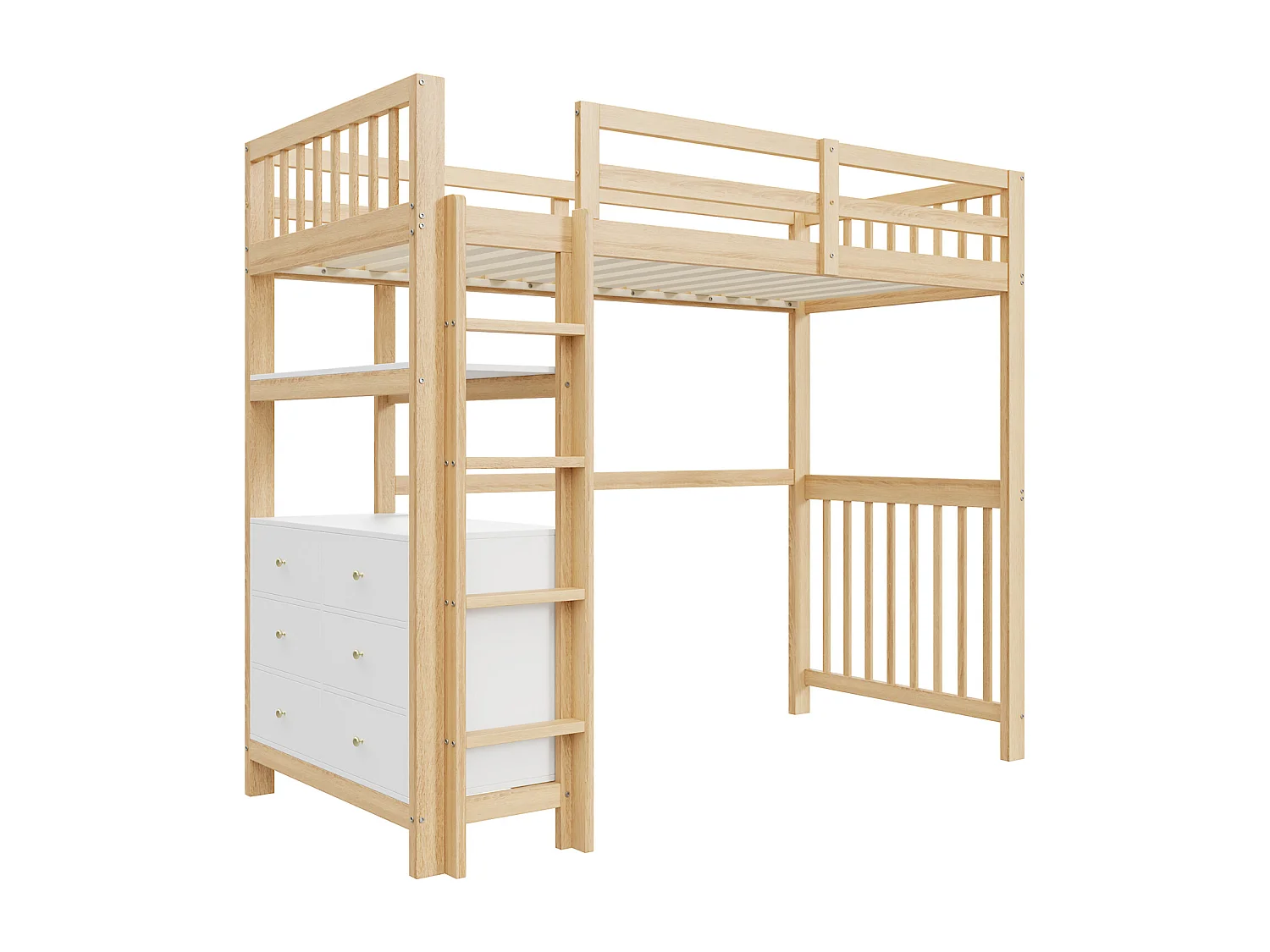 Lit mezzanine 90x200cm - lit enfant avec échelle, tiroirs et étagères, sommier à lattes, clôture haute - en bois de pin - naturel