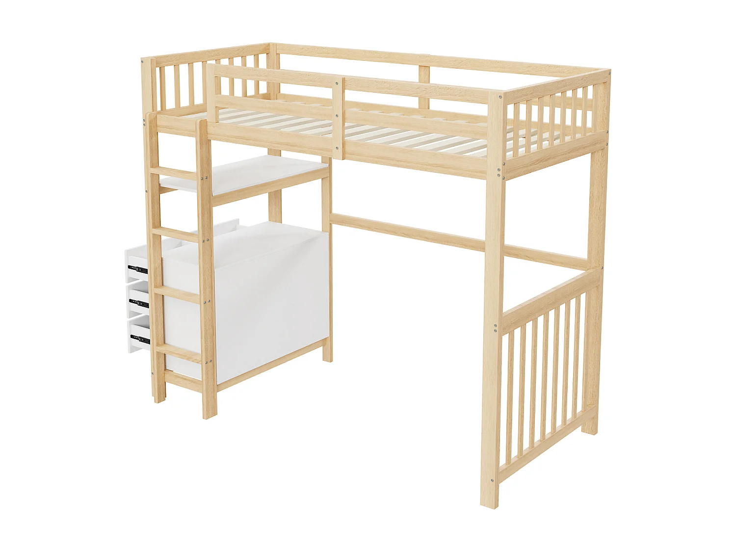 Lit mezzanine 90x200cm - lit enfant avec échelle, tiroirs et étagères, sommier à lattes, clôture haute - en bois de pin - naturel