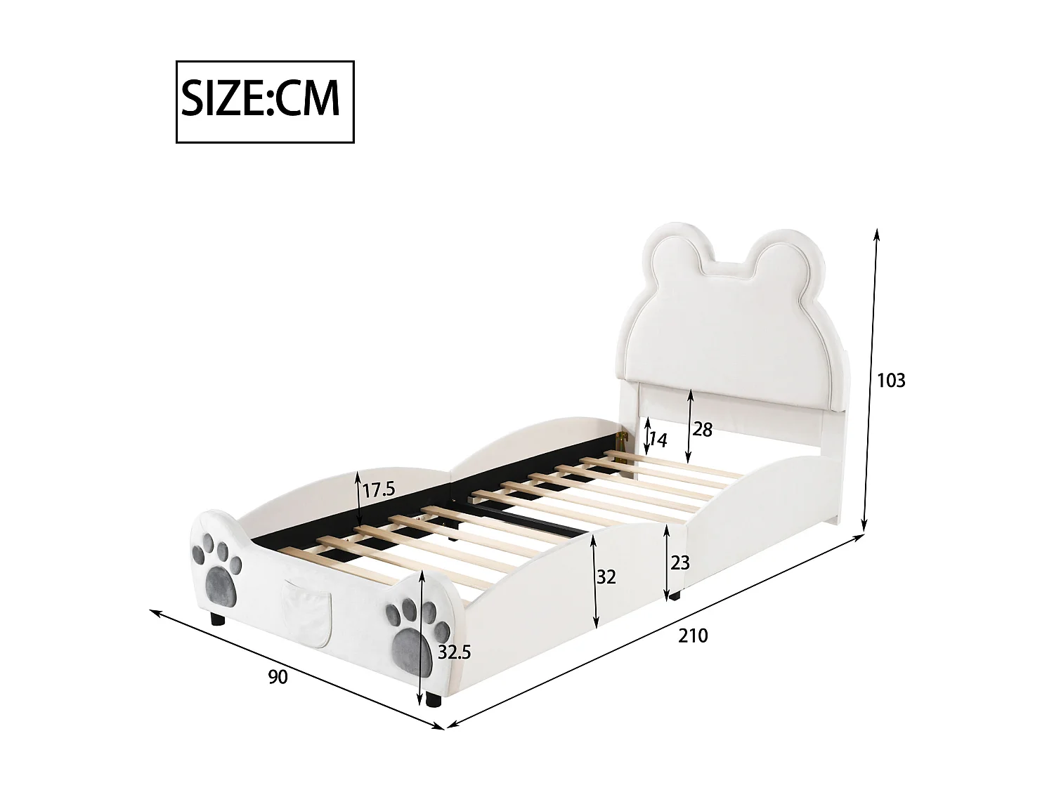 Letto 90x200 cm, letto imbottito Beau a forma di orso, letto singolo in velluto piatto con rete a doghe e testiera, senza materasso, bianco