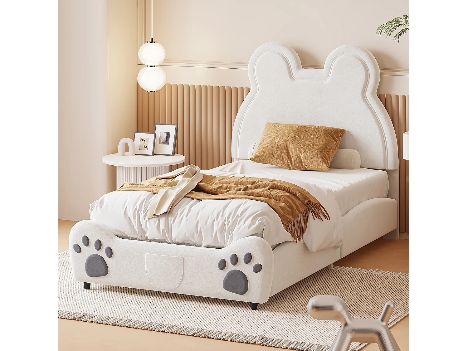 Lit 90x200cm, lit rembourré Beau en forme d'ours, lit simple plat en velours avec sommier à lattes et tête de lit, sans matelas, blanc