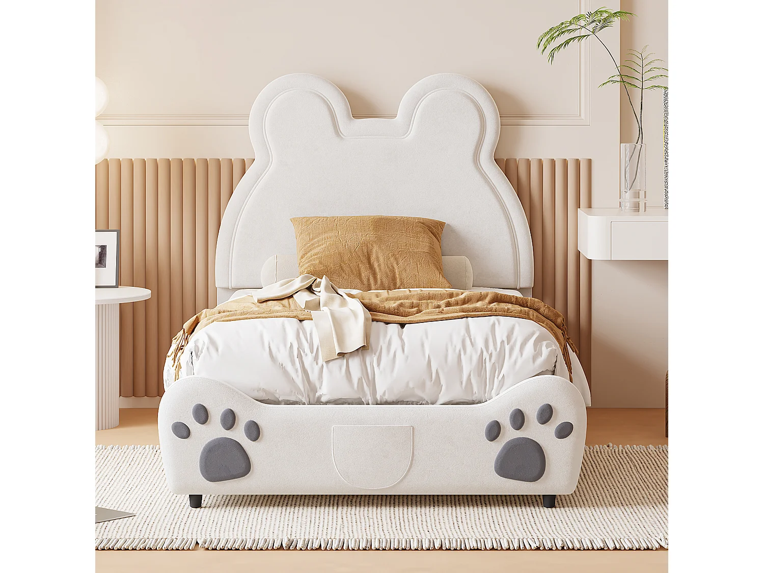 Lit 90x200cm, lit rembourré Beau en forme d'ours, lit simple plat en velours avec sommier à lattes et tête de lit, sans matelas, blanc