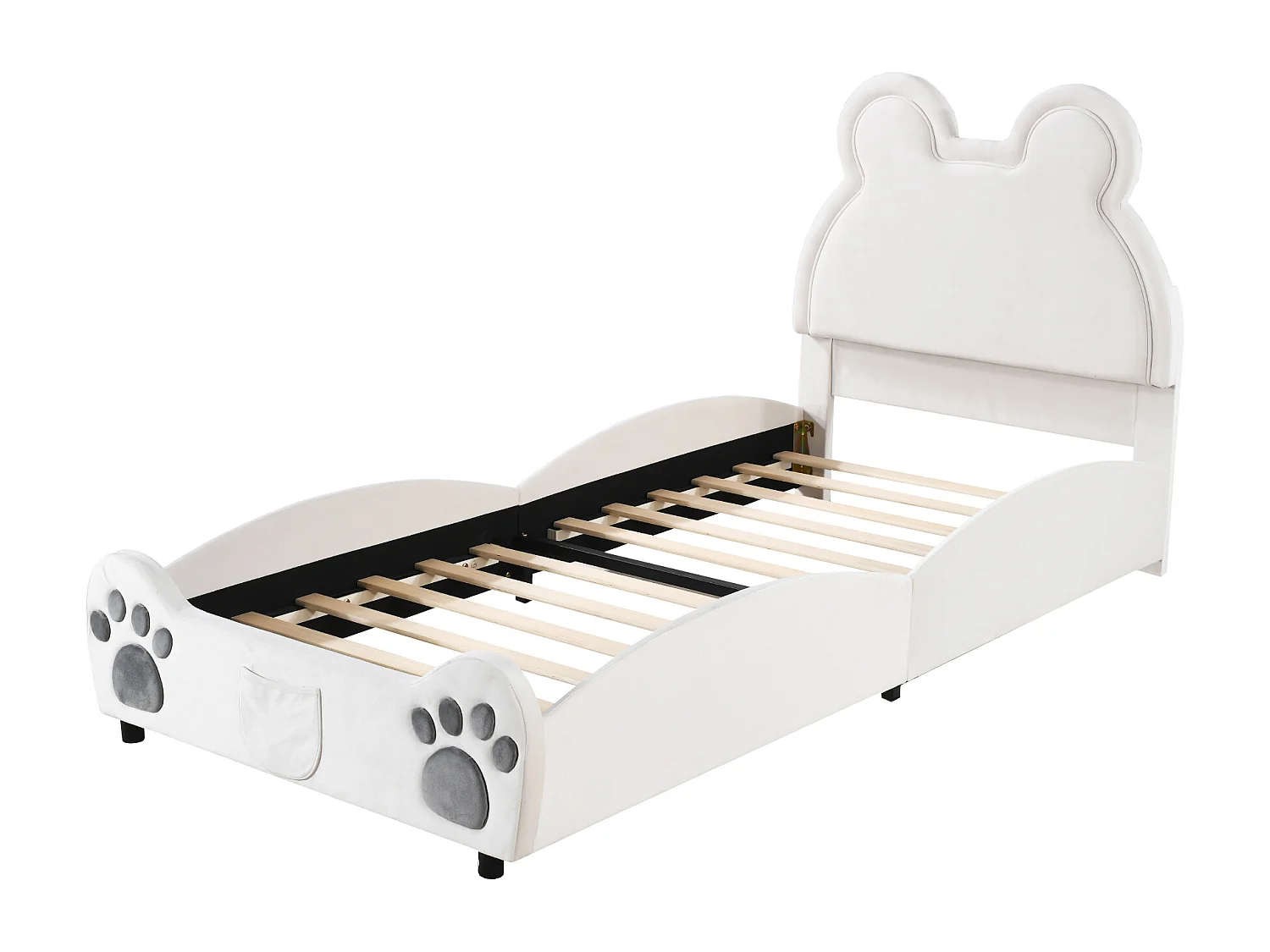 Lit 90x200cm, lit rembourré Beau en forme d'ours, lit simple plat en velours avec sommier à lattes et tête de lit, sans matelas, blanc