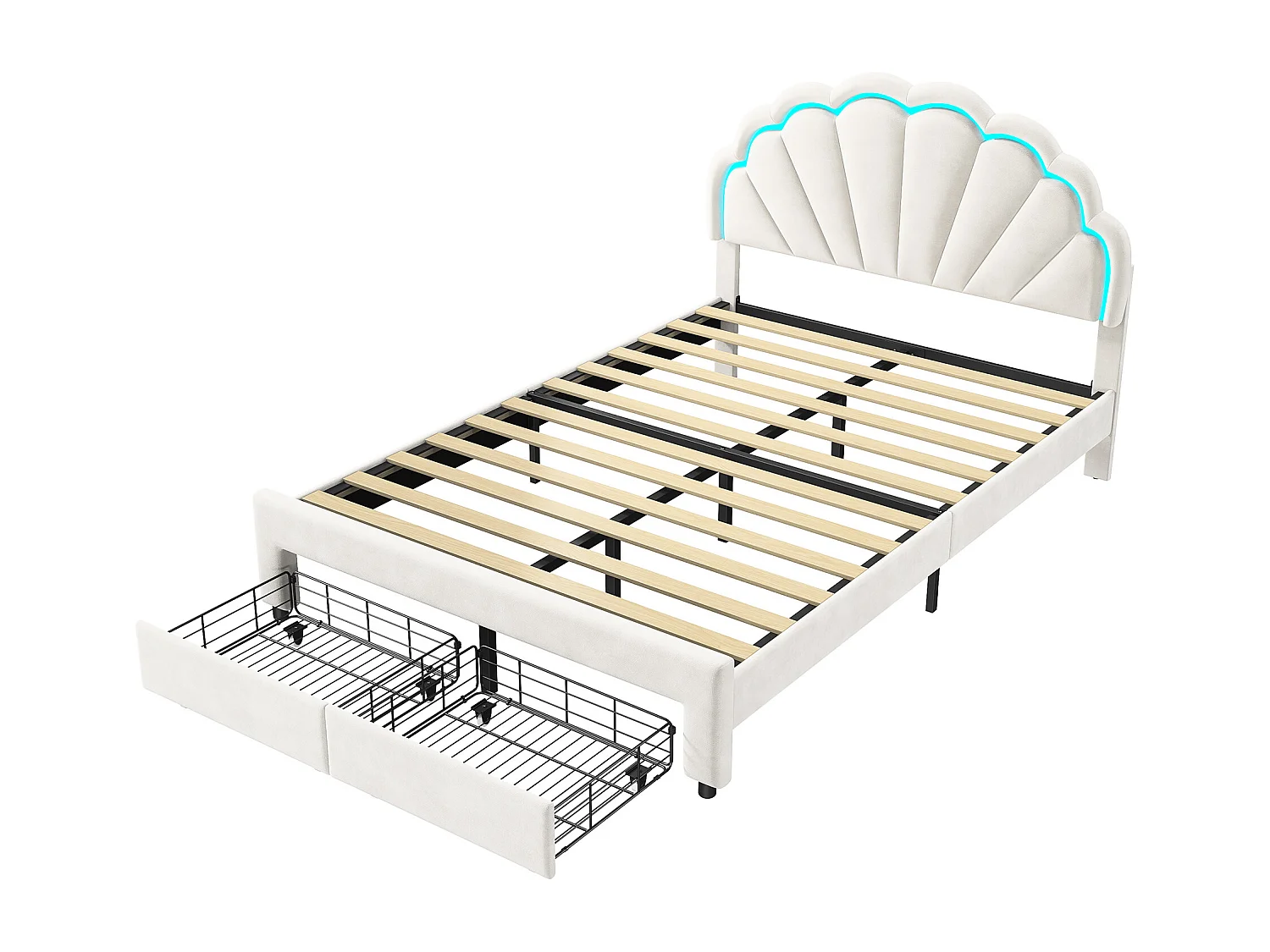 Einfache Capitonné-Leuchte 140 x 200 cm mit Tiroirs, Velours und leuchtendem LED-Band – Weiß
