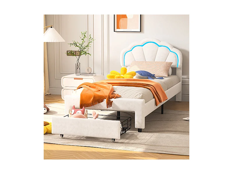 Einfache Capitonné-Leuchte 90 x 200 cm mit Tiroirs, Velours und leuchtendem LED-Band – Weiß