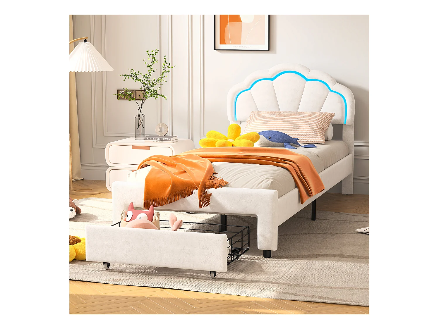 90x200 cm gestoffeerd eenpersoonsbed met lades, fluweel, LED-lichtstrip - Wit
