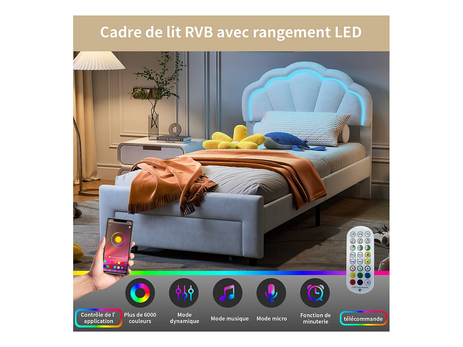 Lit simple capitonné 90x200 cm avec tiroirs,  velours, bande lumineuse LED - Blanc