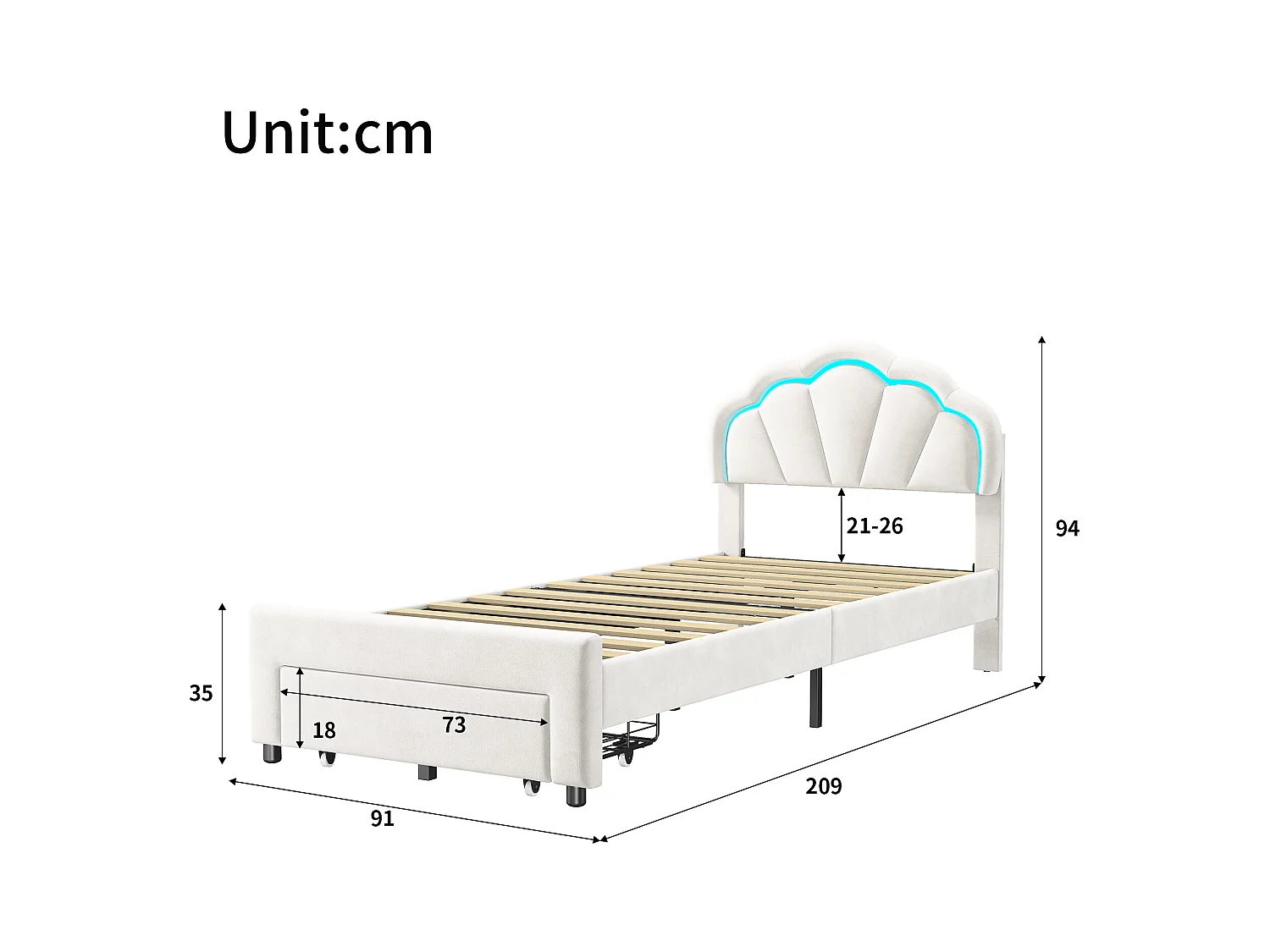 Lit simple capitonné 90x200 cm avec tiroirs,  velours, bande lumineuse LED - Blanc