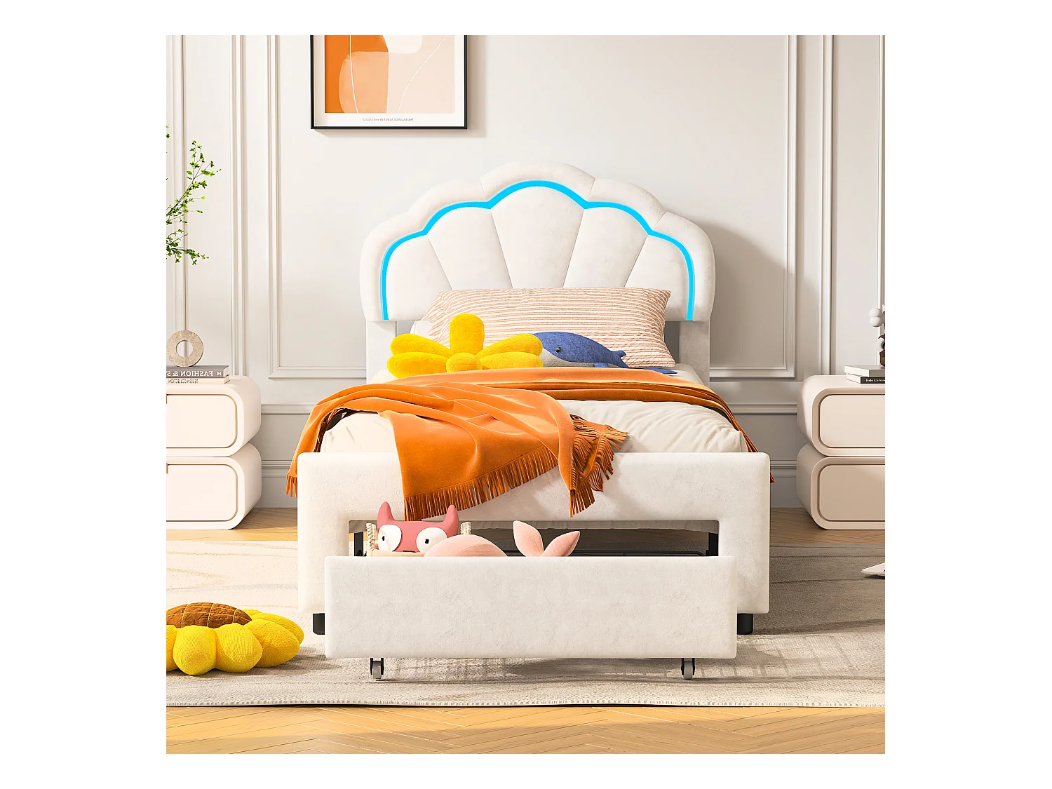 Lit simple capitonné 90x200 cm avec tiroirs,  velours, bande lumineuse LED - Blanc