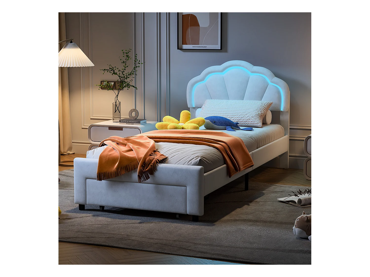 Lit simple capitonné 90x200 cm avec tiroirs,  velours, bande lumineuse LED - Blanc