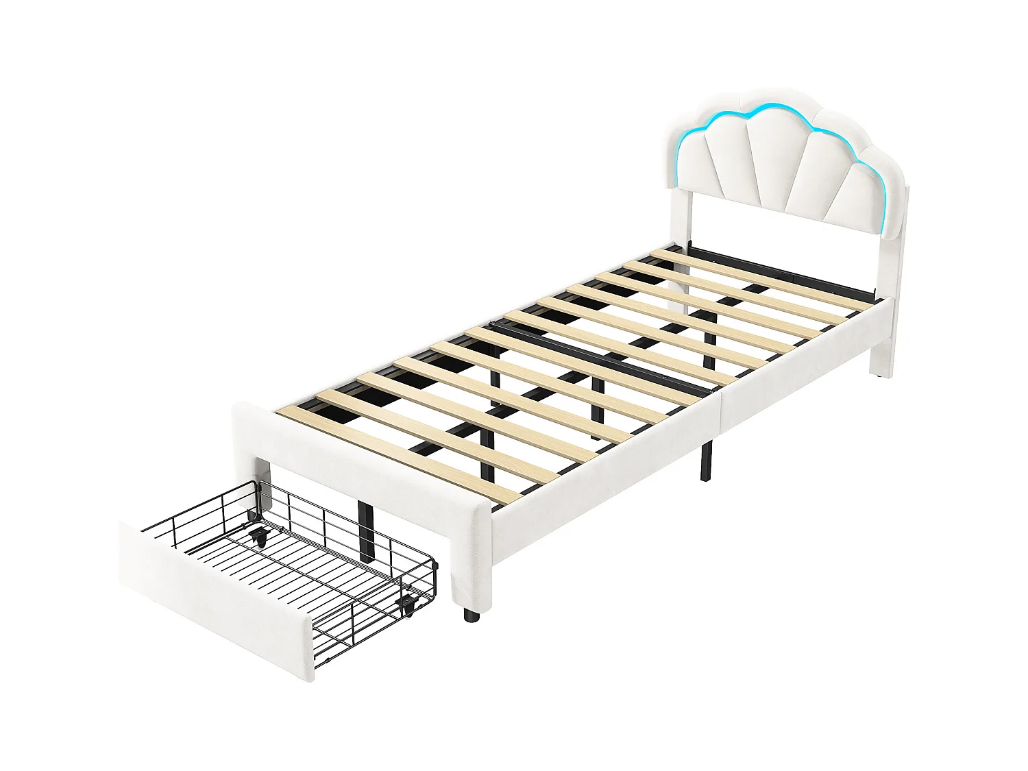 Lit simple capitonné 90x200 cm avec tiroirs,  velours, bande lumineuse LED - Blanc