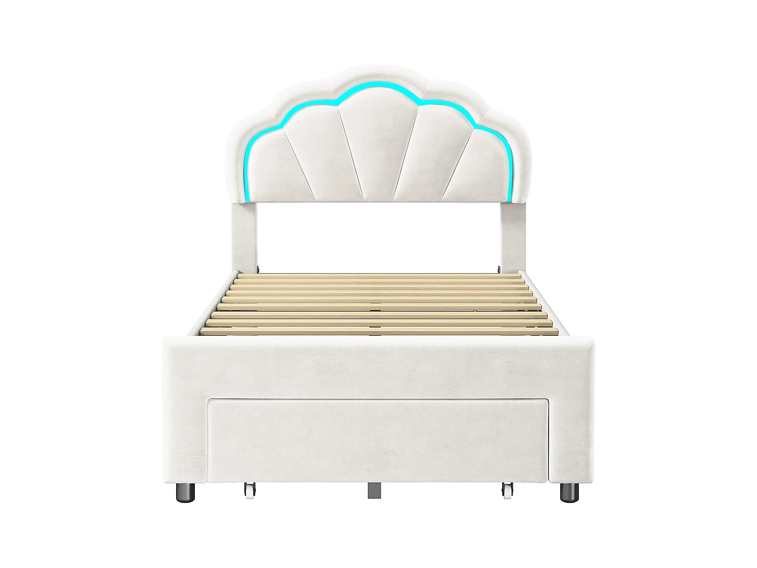 Lit simple capitonné 90x200 cm avec tiroirs,  velours, bande lumineuse LED - Blanc