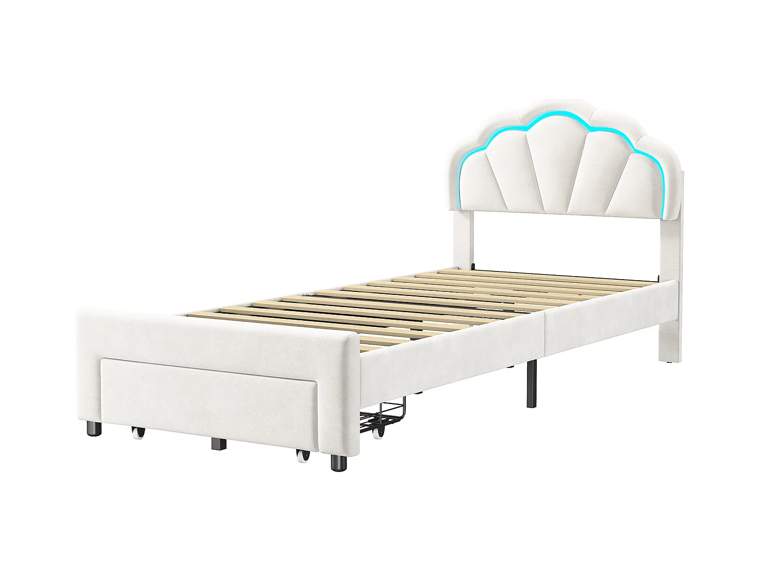 Lit simple capitonné 90x200 cm avec tiroirs,  velours, bande lumineuse LED - Blanc