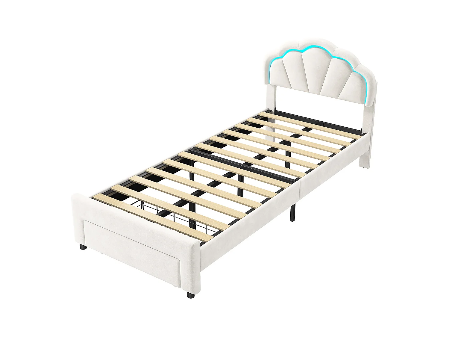 Lit simple capitonné 90x200 cm avec tiroirs,  velours, bande lumineuse LED - Blanc