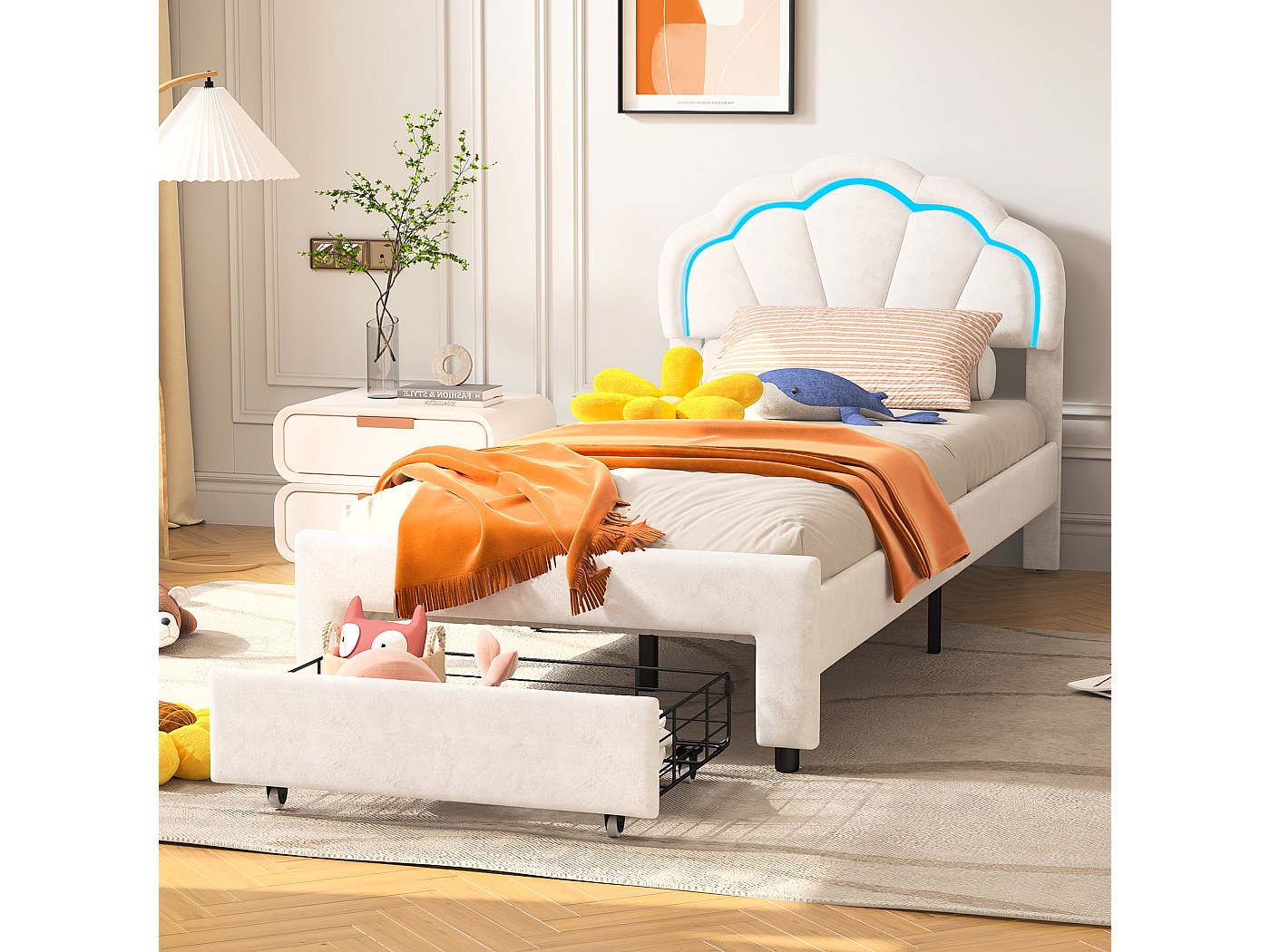 Letto imbottito matrimoniale 140x200 cm con fascia luminosa, presa USB e cassetto - beige