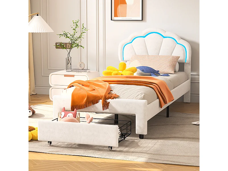 Lit simple capitonné 90x200 cm avec tiroirs,  velours, bande lumineuse LED - Blanc