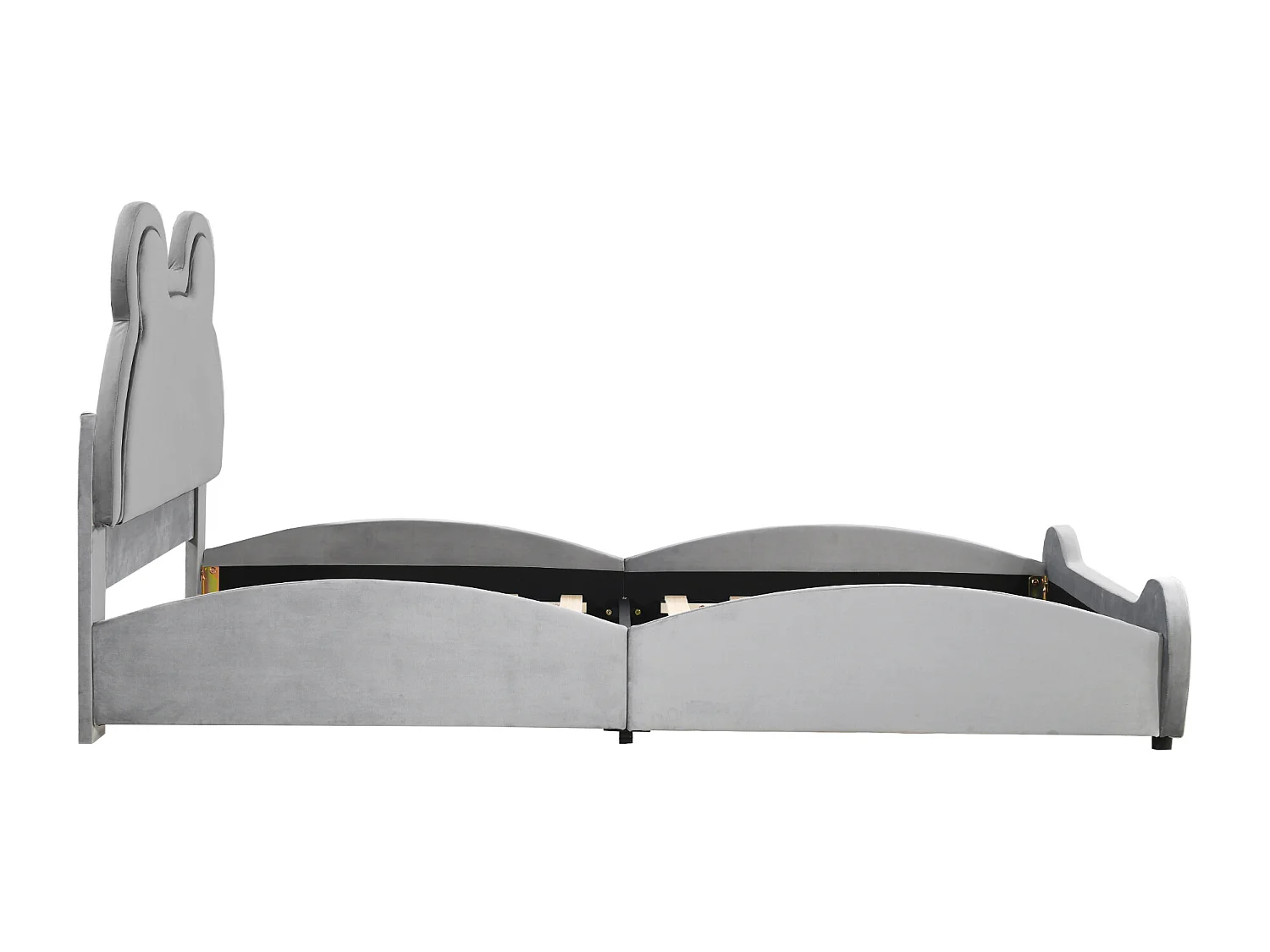 Bett 90x200cm, Beau Polsterbett in Bärenform, flaches Samt-Einzelbett mit Lattenrost und Kopfteil, ohne Matratze, grau