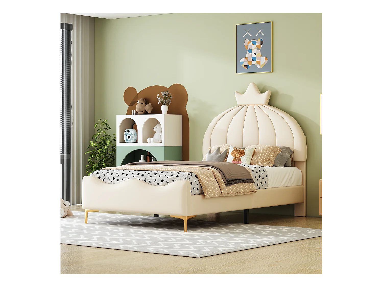 Kinderbed 140x200cm, eenpersoonsbed met lattenbodem en cartoonhoofdbord met kroonlijst, kunstlederen stof, beige