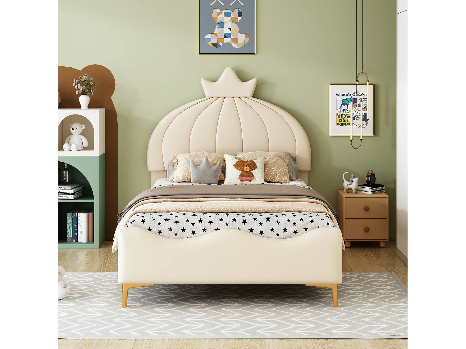 Lit enfnat 140x200cm, lit simple avec sommier à lattes et tête de lit dessin animé avec moulure de couronne, tissu simili cuir, beige