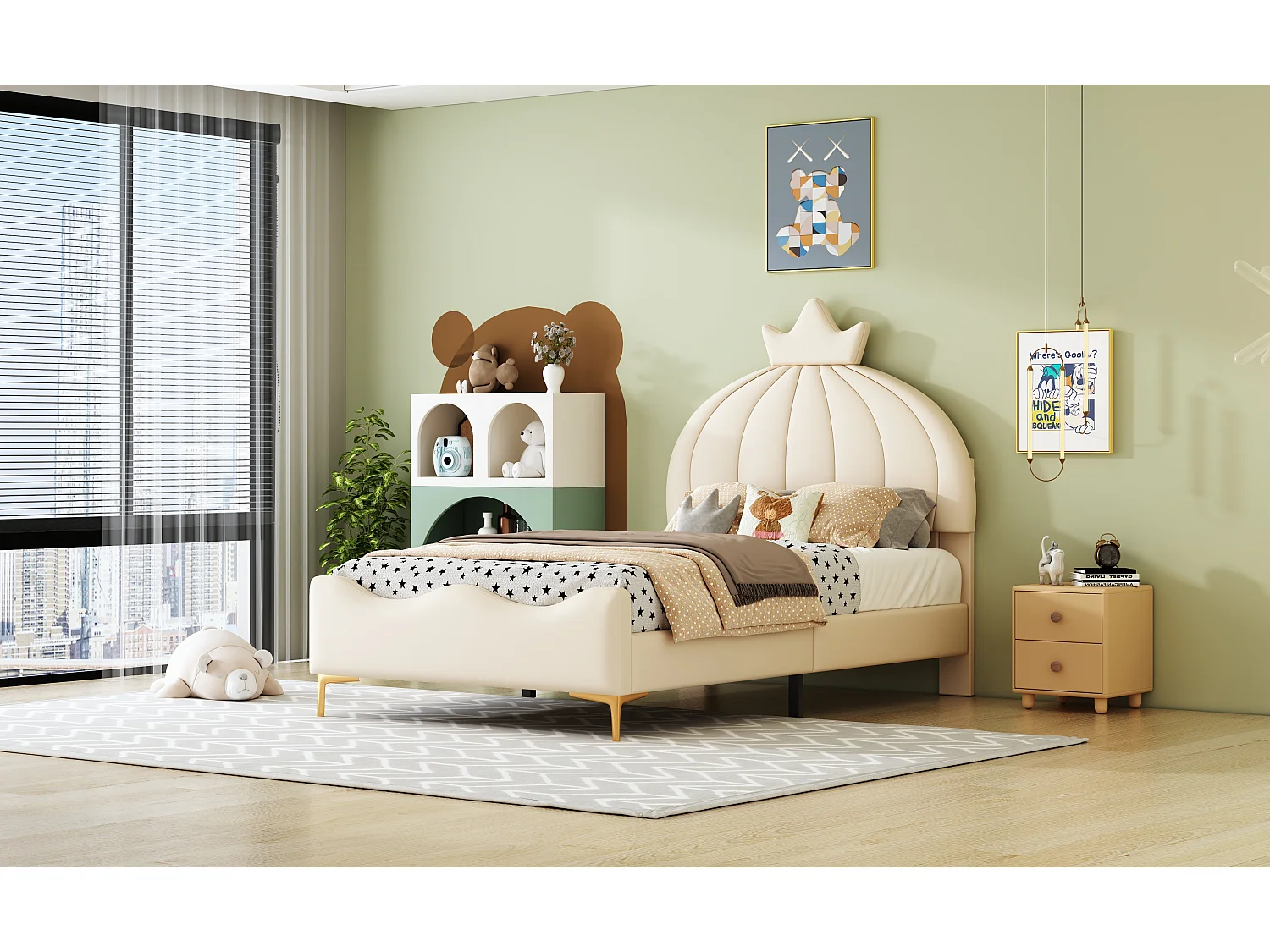 Lit enfnat 140x200cm, lit simple avec sommier à lattes et tête de lit dessin animé avec moulure de couronne, tissu simili cuir, beige