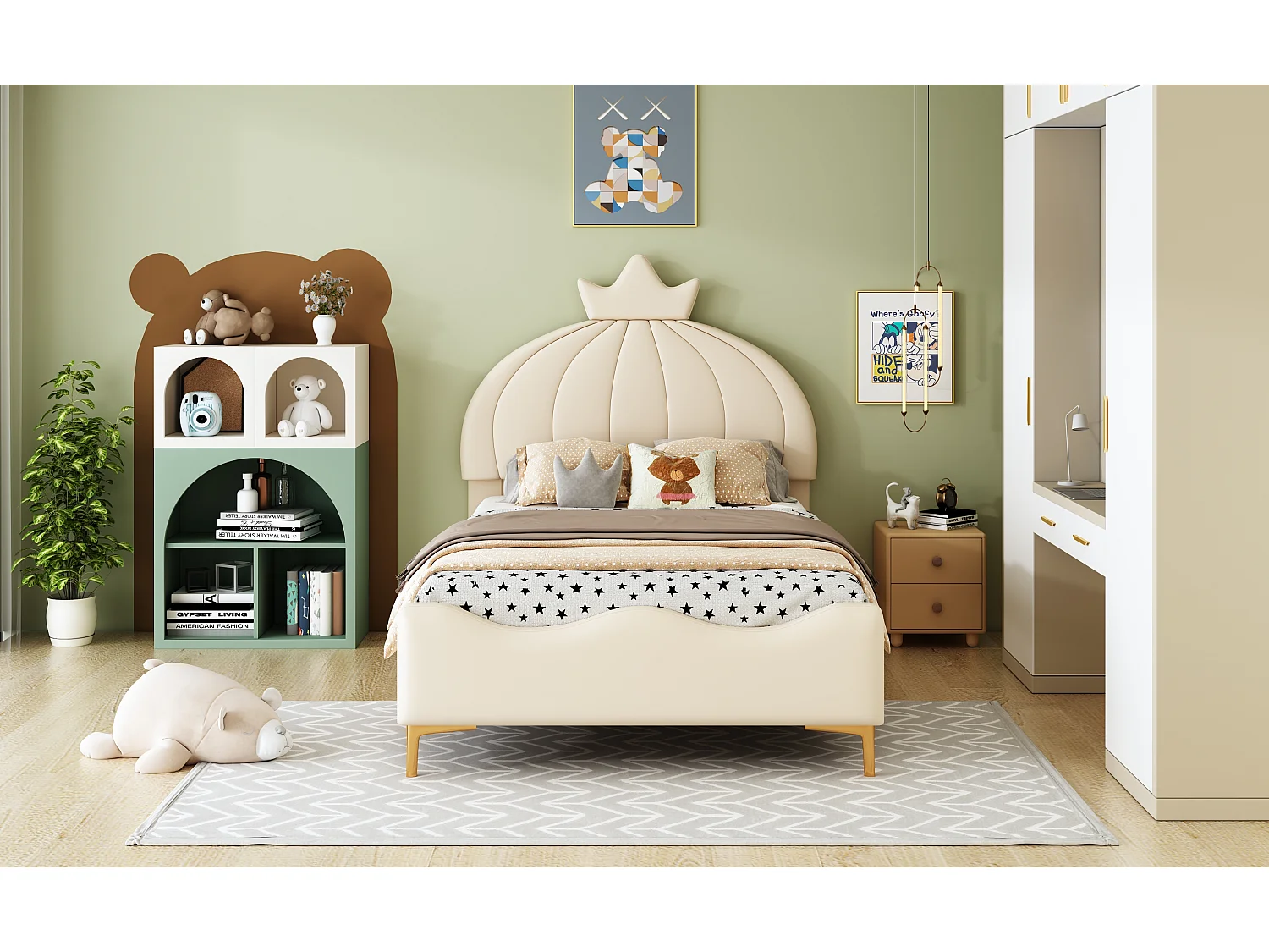 Lit enfnat 140x200cm, lit simple avec sommier à lattes et tête de lit dessin animé avec moulure de couronne, tissu simili cuir, beige